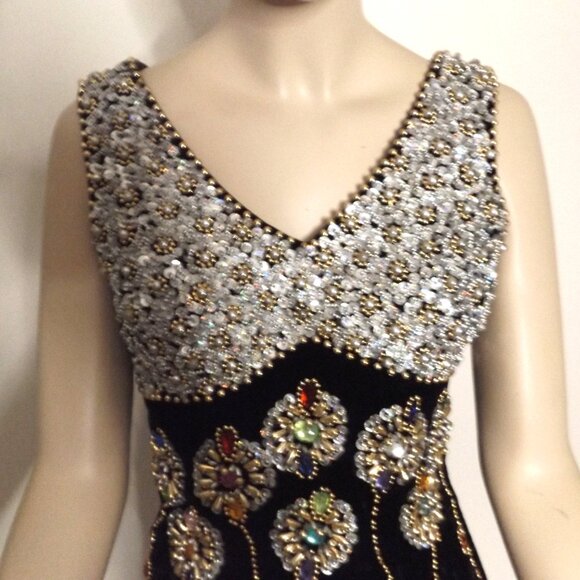 Embellished Black Velvet Gown w/ Floral Gemstones – Statement Dress (Small) - Picture 5 of 8